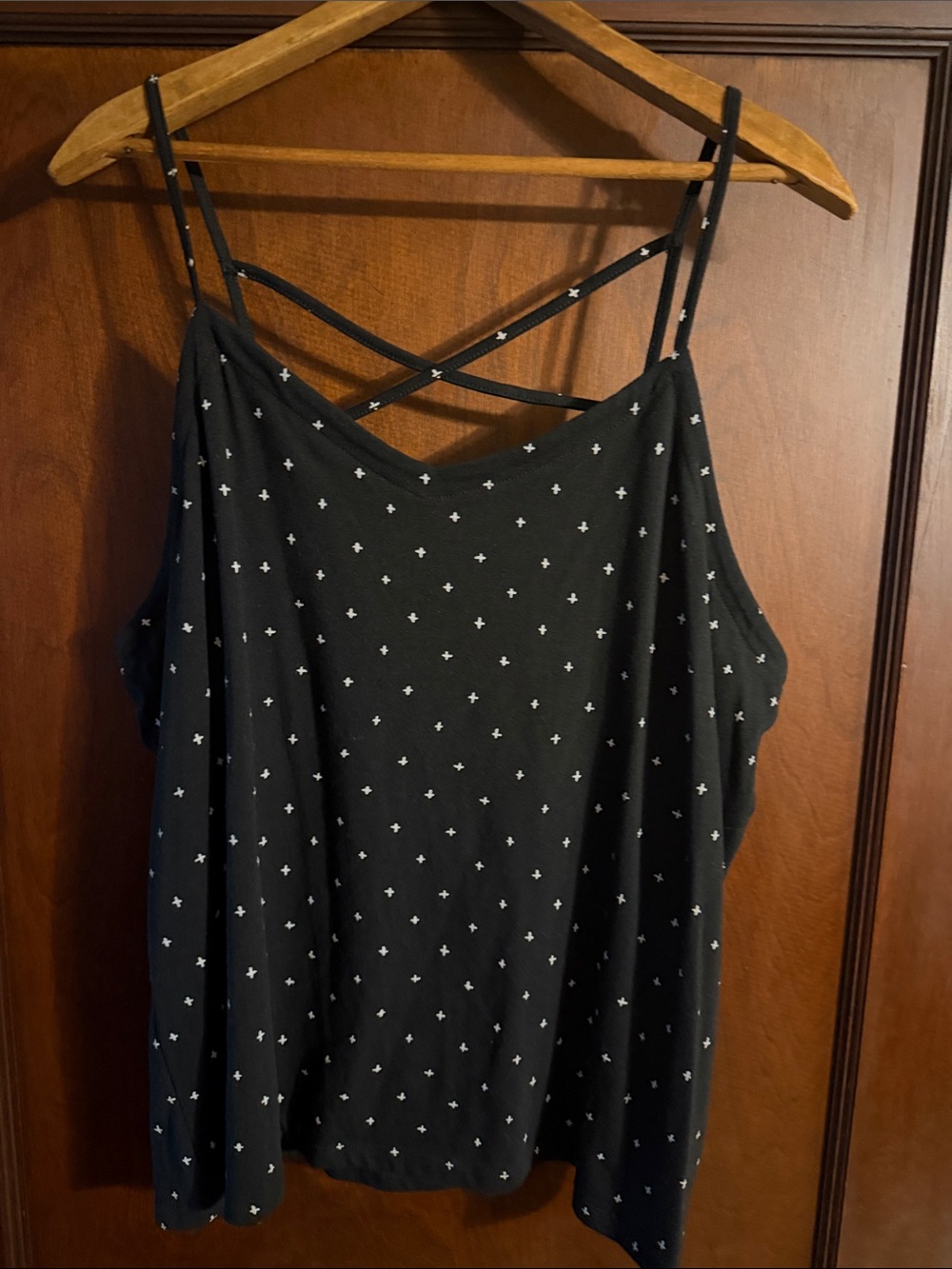 Universal Thread Black Cami with White Cross Dot Print and Crisscross Straps